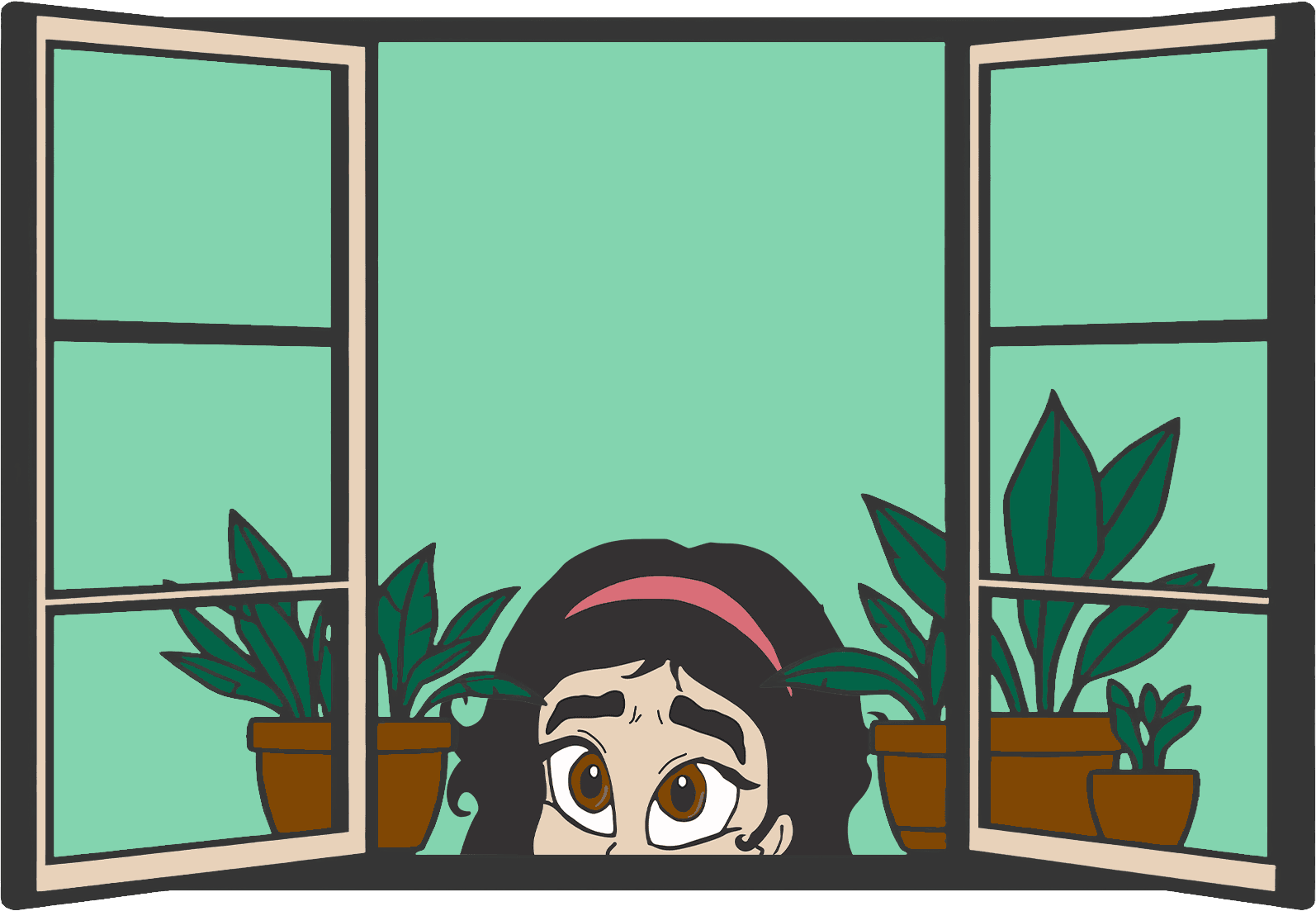 Pri, a menina que fala com os olhos, observando pela janela